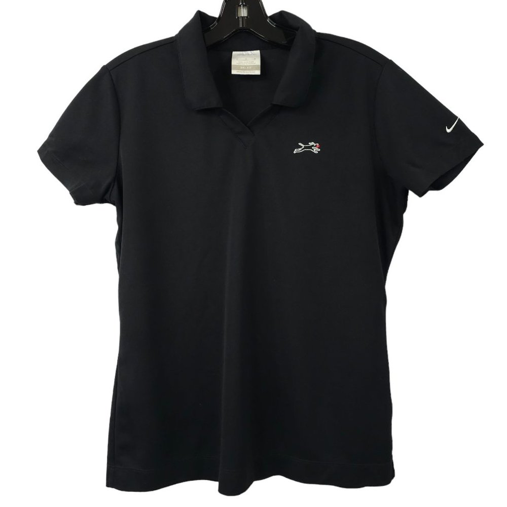Nike Golf Dri Fit Black Polo Shirt Womens M Embroidered Sleeve Swoosh Dog Puppy